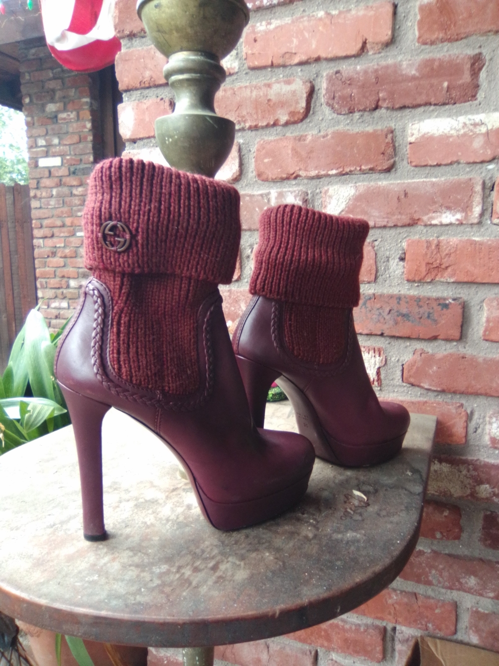 Gucci Burgundy Knit-Cuff Platform Ankle Boots